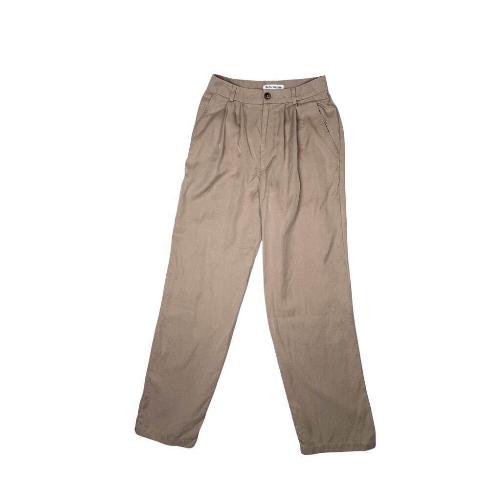 Reformation Mason Minimalist Trouser High Rise Pants Straight Leg Tan Khaki 2P